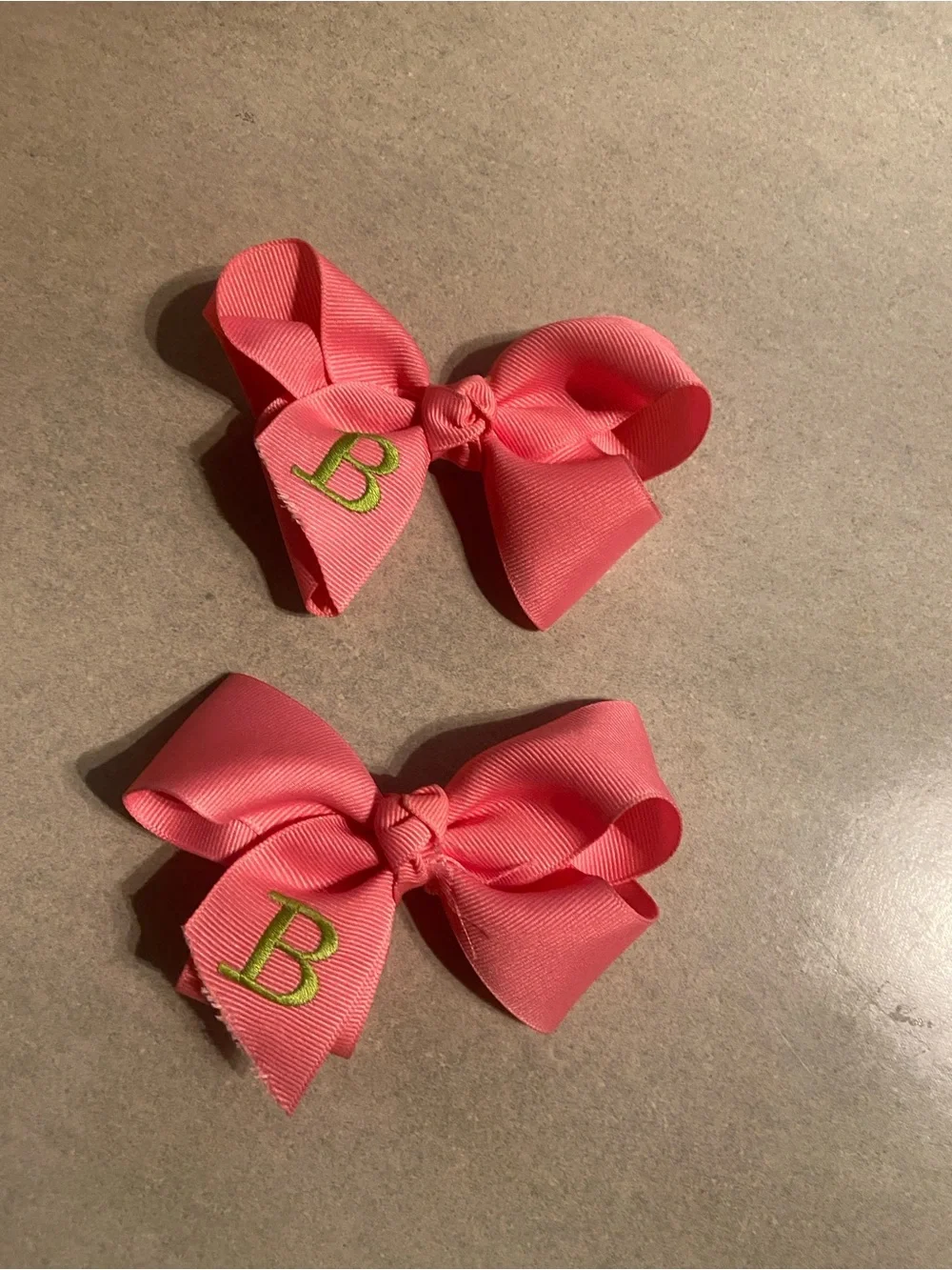 Personalized Coral Pink Girls' Hair Bows with Green 'B' Embroidery - Pair